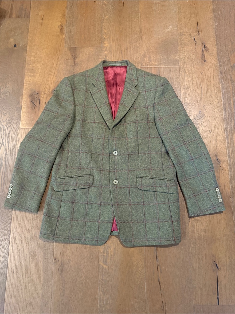 Men's Green Windowpane Wool Sport Coat with Burgundy Lining